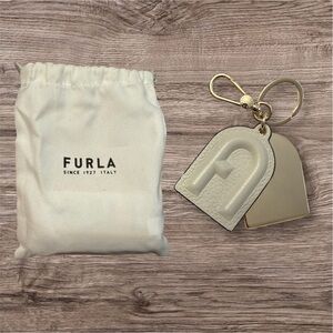 Furla Leather Logo Keychain in Cream with Gold Hardware
